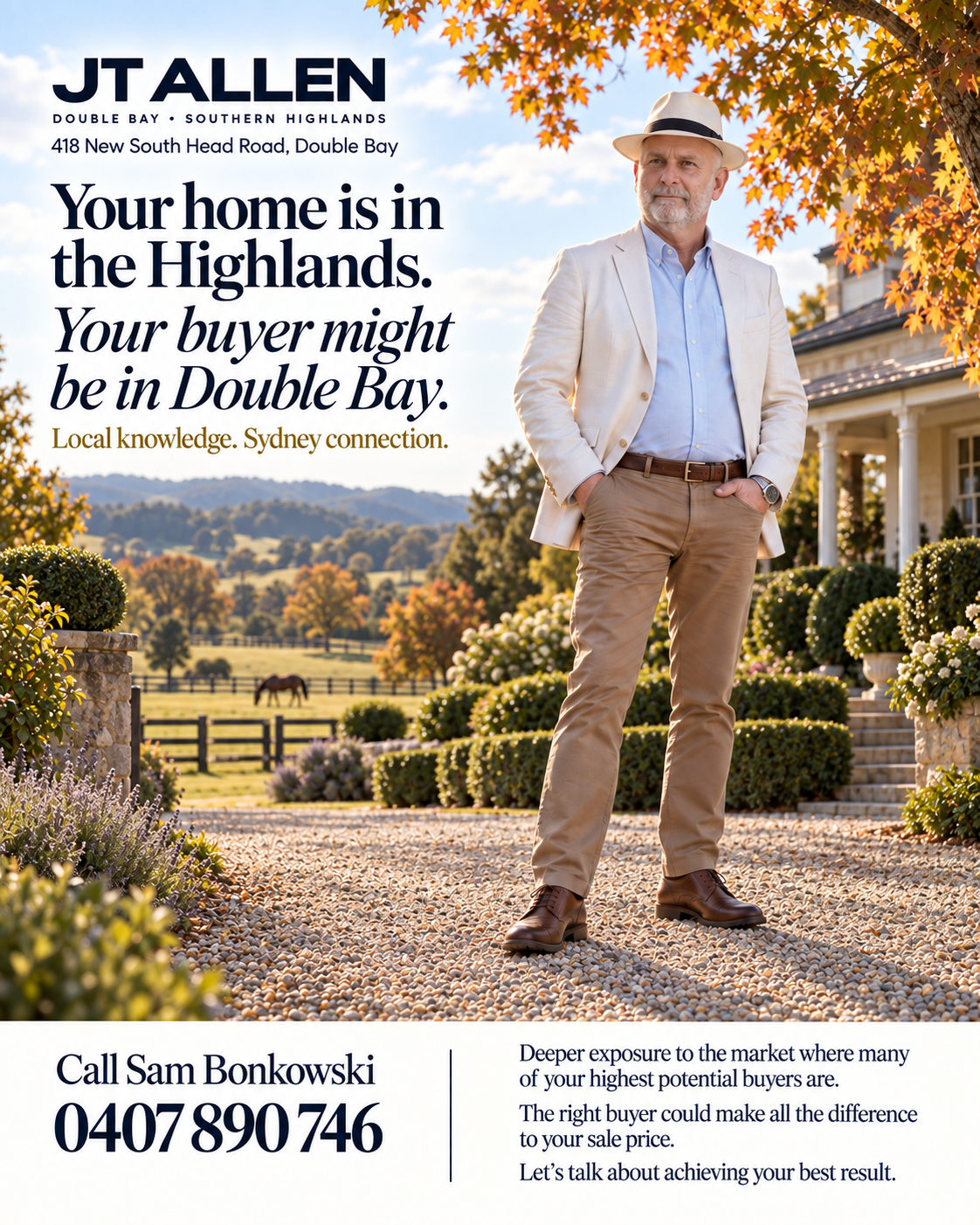 JT Allen campaign featuring Sam Bonkowski in the Highlands: Your home is in the Highlands. Your buyer might be in Double Bay. Local knowledge. Sydney connection. Call Sam Bonkowski, 0407 890 746.