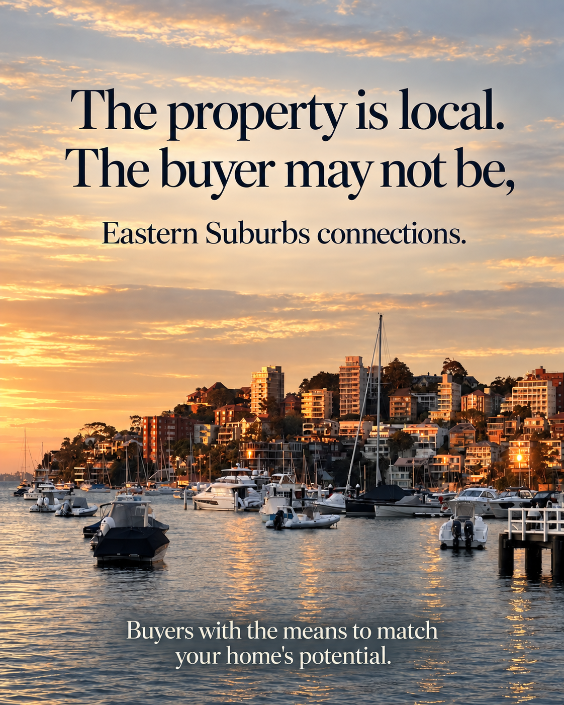 Harbour campaign: The property is local. The buyer may not be. Eastern Suburbs connections. Buyers with the means to match your home's potential.